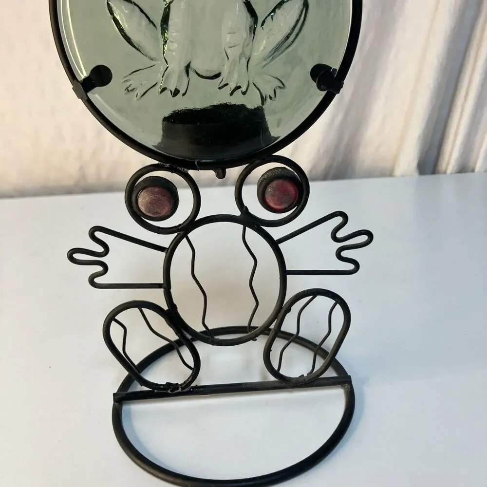 VTG 90’s Green Round Glass Metal Frame Frog Themed Votive Candle Holder 9”